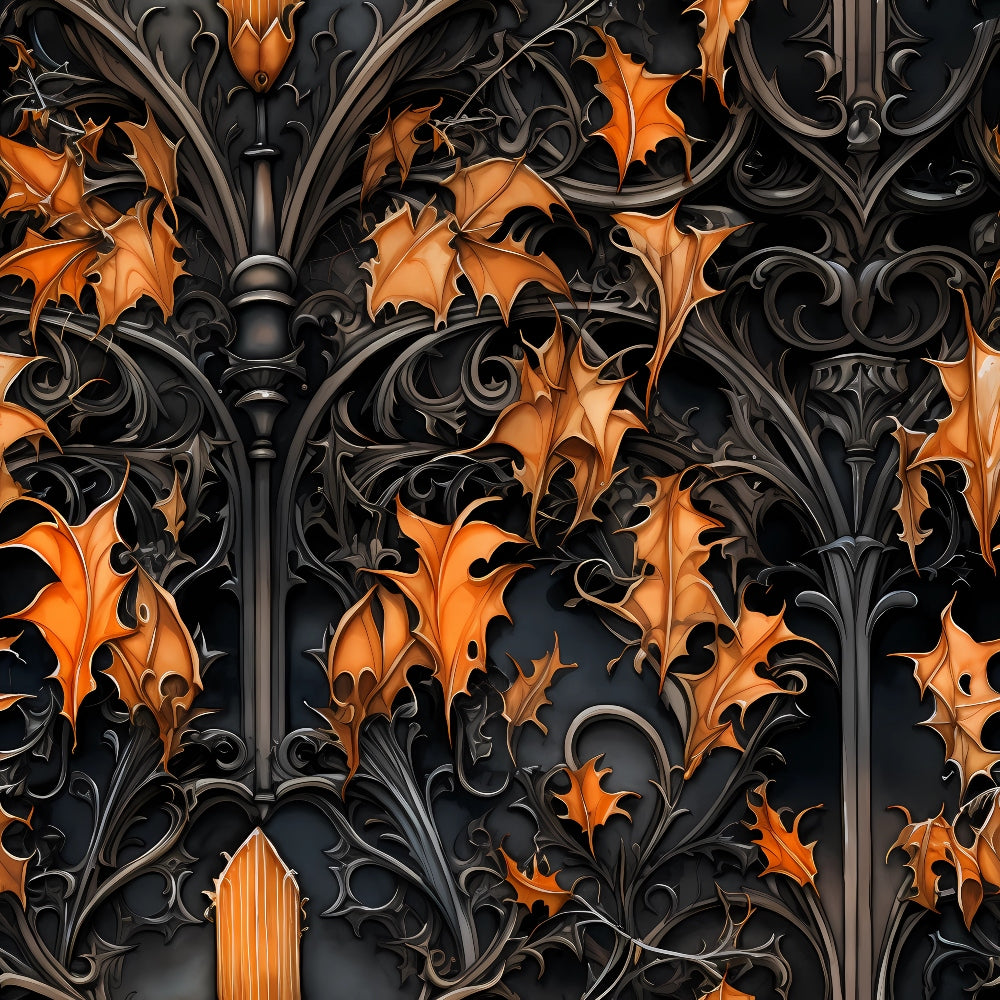 gothic architecture, ornate scrollwork, autumn leaves, orange foliage, black background, decorative ironwork, victorian style, halloween theme, intricate details, dark aesthetic, seasonal pattern,, fabric panel, spooky atmosphere, ornamental design, metallic accents, carved stonework, dramatic contrast, fall colors, decorative elements