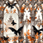 gothic architecture, black butterflies, orange autumn leaves, stone arches, cathedral windows,, fabric panel, halloween theme, ornate stonework, flying butterflies, fall foliage, medieval style, architectural details, seasonal pattern, orange and black, gothic revival, decorative arches, autumn colors, spooky elegant