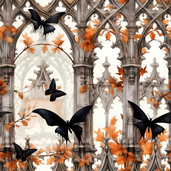 gothic architecture, black butterflies, orange autumn leaves, stone arches, cathedral windows,, fabric panel, halloween theme, ornate stonework, flying butterflies, fall foliage, medieval style, architectural details, seasonal pattern, orange and black, gothic revival, decorative arches, autumn colors, spooky elegant