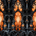 gothic architecture, orange flames, black ironwork, ornate columns, pointed arches, medieval design, dark atmosphere, halloween theme,, fabric panel, intricate stonework, cathedral elements, spooky ambiance, ornamental details, carved pillars, dramatic lighting, autumn colors, gothic revival, architectural motifs, repeating pattern