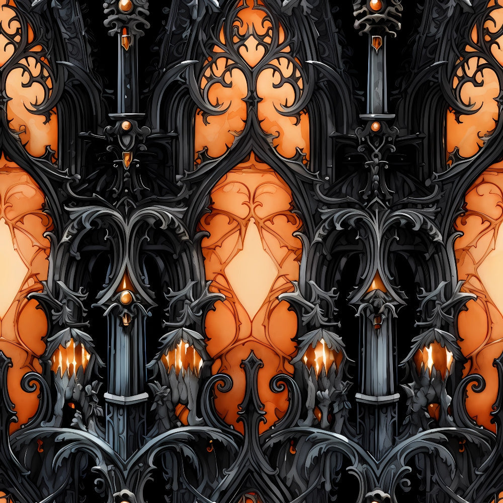 gothic architecture, orange flames, black ironwork, ornate columns, pointed arches, medieval design, dark atmosphere, halloween theme,, fabric panel, intricate stonework, cathedral elements, spooky ambiance, ornamental details, carved pillars, dramatic lighting, autumn colors, gothic revival, architectural motifs, repeating pattern