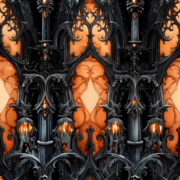 gothic architecture, orange flames, black ironwork, ornate columns, pointed arches, medieval design, dark atmosphere, halloween theme,, fabric panel, intricate stonework, cathedral elements, spooky ambiance, ornamental details, carved pillars, dramatic lighting, autumn colors, gothic revival, architectural motifs, repeating pattern