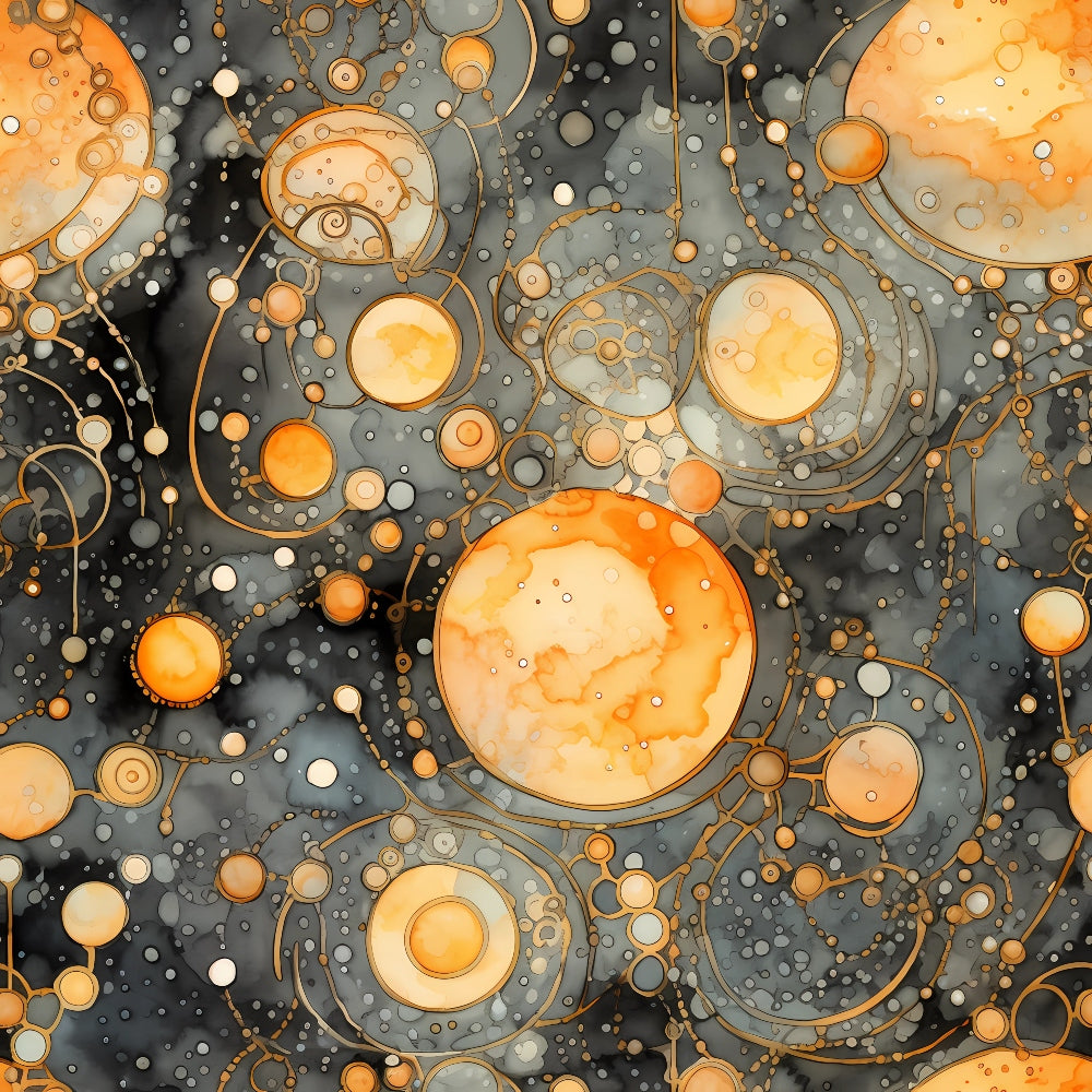 orange circles, gray background, bubble pattern, abstract design, geometric shapes, watercolor effect, connected dots, molecular pattern, cosmic design, modern art style,, fabric panel, halloween colors, autumn palette, contemporary pattern, flowing lines, organic shapes, artistic bubbles, dimensional circles