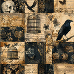 gothic patchwork, vintage skulls, black ravens, ornate birdcages, sepia tones, aged paper, dark florals, victorian motifs, ravens perched, antique butterflies, weathered texture, macabre elements, ornamental designs,, fabric panel, mysterious atmosphere, vintage ephemera, gothic romance, distressed appearance, patchwork squares