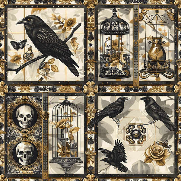gothic, ravens, crows, skulls, birdcages, black birds, ornate frames, vintage clocks, autumn roses, cream background, gold accents, brown tones, sepia colors, patchwork blocks, quilting panel, cotton fabric, dark aesthetic, victorian style, mysterious mood, decorative borders