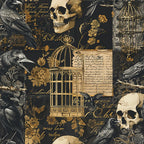 gothic, black, gold, beige, ravens, skulls, birdcages, vintage script, dark floral, patchwork,, fabric panel, antique documents, ornate cages, corvids, spooky motifs, sepia tones, victorian style, halloween themed, macabre elements