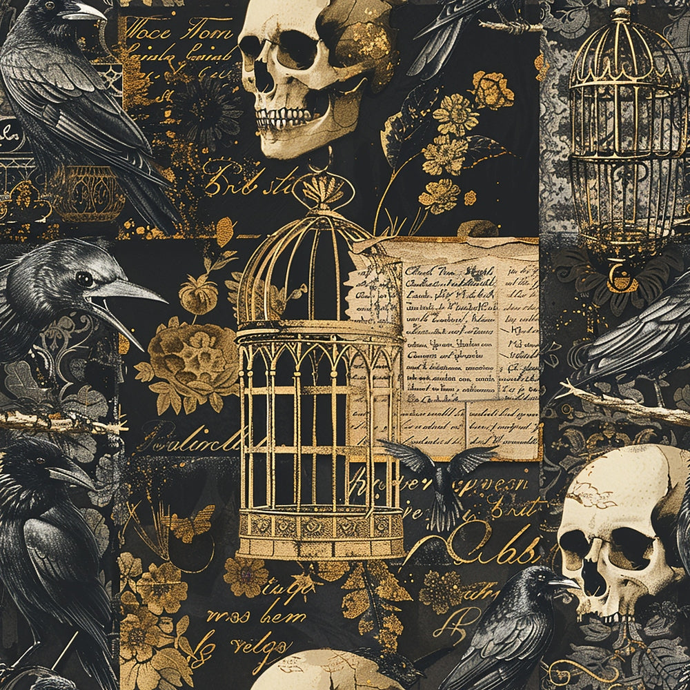 gothic, black, gold, beige, ravens, skulls, birdcages, vintage script, dark floral, patchwork,, fabric panel, antique documents, ornate cages, corvids, spooky motifs, sepia tones, victorian style, halloween themed, macabre elements