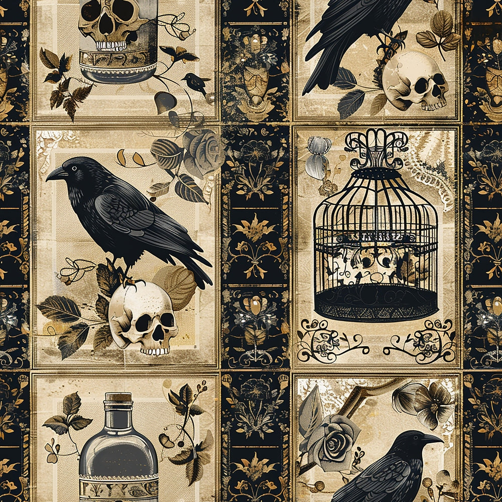 gothic, ravens, crows, skulls, birdcage, potion bottle, black, cream, beige, gold, patchwork,, fabric panel, dark academia, victorian style, floral motifs, ornate borders, spooky, halloween, occult