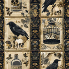 gothic, ravens, crows, skulls, birdcage, potion bottle, black, cream, beige, gold, patchwork,, fabric panel, dark academia, victorian style, floral motifs, ornate borders, spooky, halloween, occult