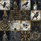 black, gold, gray, ravens, crows, skull, birdcages, ornate bottles, floral motifs, damask patterns, gothic style, dark aesthetic, patchwork blocks,, fabric panel, vintage inspired, decorative flourishes, victorian elements, spooky theme, halloween motifs