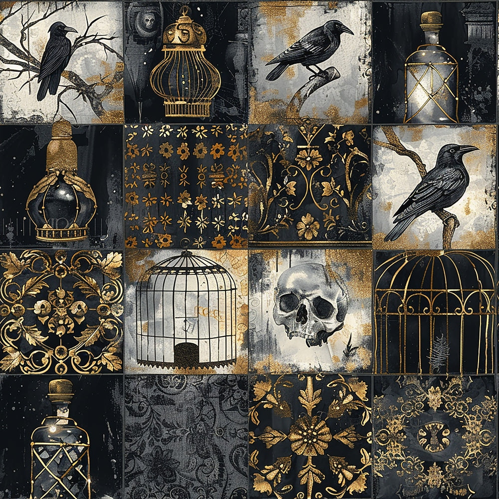 black, gold, gray, ravens, crows, skull, birdcages, ornate bottles, floral motifs, damask patterns, gothic style, dark aesthetic, patchwork blocks,, fabric panel, vintage inspired, decorative flourishes, victorian elements, spooky theme, halloween motifs