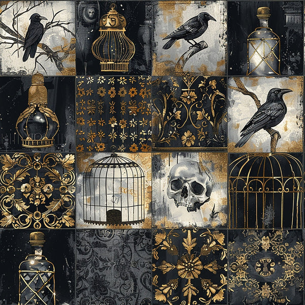 black, gold, gray, ravens, crows, skull, birdcages, ornate bottles, floral motifs, damask patterns, gothic style, dark aesthetic, patchwork blocks,, fabric panel, vintage inspired, decorative flourishes, victorian elements, spooky theme, halloween motifs
