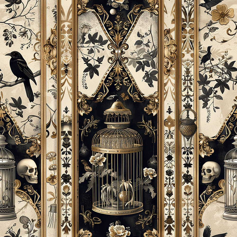 gothic, skulls, ravens, birdcages, floral motifs, ornate scrollwork, cream background, black accents, gold details, vertical stripes, baroque style, dark romantic,, fabric panel, decorative borders, vintage roses, intricate patterns, gothic architecture, dramatic mood, patchwork design