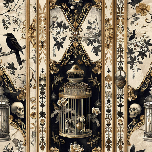 gothic, skulls, ravens, birdcages, floral motifs, ornate scrollwork, cream background, black accents, gold details, vertical stripes, baroque style, dark romantic,, fabric panel, decorative borders, vintage roses, intricate patterns, gothic architecture, dramatic mood, patchwork design