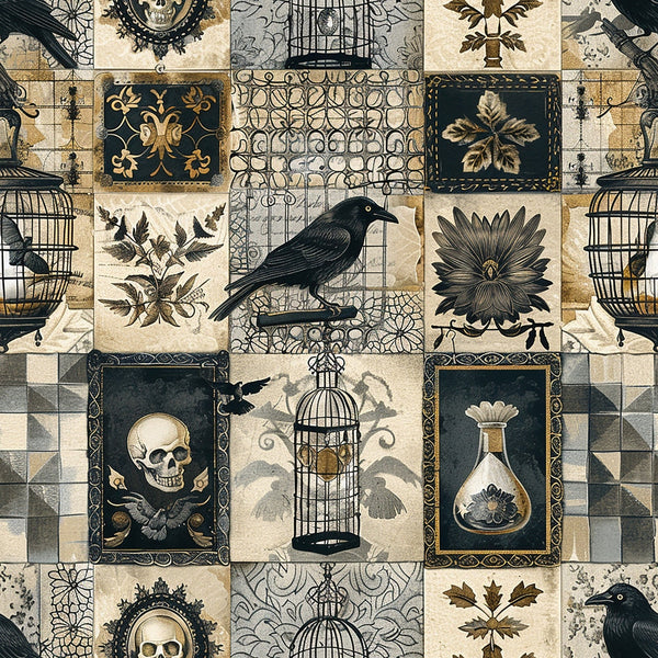 gothic, patchwork, ravens, black birds, birdcages, skulls, botanical leaves, flowers, beige, cream, black, dark green, vintage style, ornate frames, decorative borders, geometric patterns, macabre, dark academia,, fabric panel
