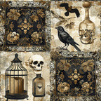 gothic, patchwork, skulls, ravens, crows, birdcage, ornate florals, black, beige, cream, gold, brown, vintage bottles, feathers, decorative frames, dark academia, spooky,, fabric panel, ornamental borders, antique style