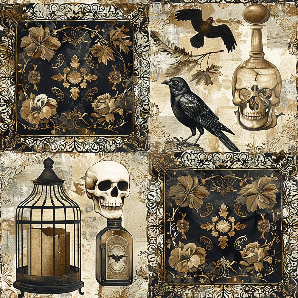 gothic, patchwork, skulls, ravens, crows, birdcage, ornate florals, black, beige, cream, gold, brown, vintage bottles, feathers, decorative frames, dark academia, spooky,, fabric panel, ornamental borders, antique style