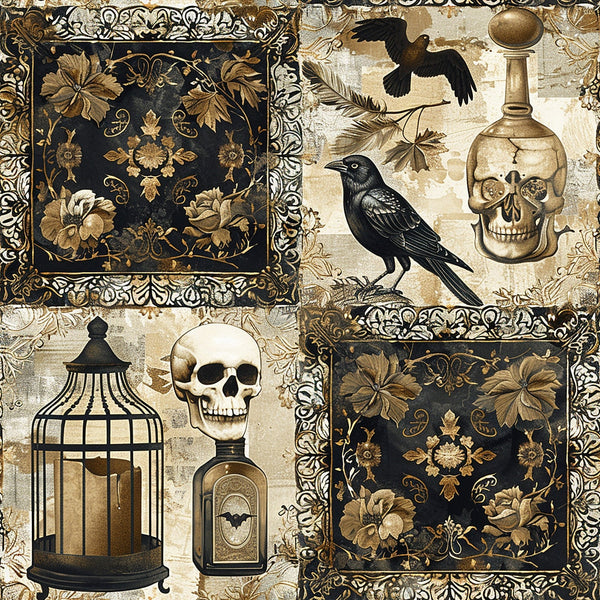 gothic, patchwork, skulls, ravens, crows, birdcage, ornate florals, black, beige, cream, gold, brown, vintage bottles, feathers, decorative frames, dark academia, spooky,, fabric panel, ornamental borders, antique style