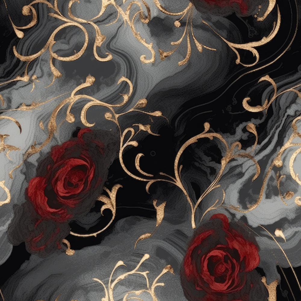 dark gray, charcoal black, deep red, burgundy, gold accents, marbled swirls, gothic roses, ornate scrollwork, decorative flourishes, moody atmosphere, dramatic pattern,, fabric panel, swirling design, elegant curves, romantic gothic, luxurious feel, flowing lines, vintage ornaments