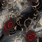 dark gray, charcoal black, deep red, burgundy, gold accents, marbled swirls, gothic roses, ornate scrollwork, decorative flourishes, moody atmosphere, dramatic pattern,, fabric panel, swirling design, elegant curves, romantic gothic, luxurious feel, flowing lines, vintage ornaments