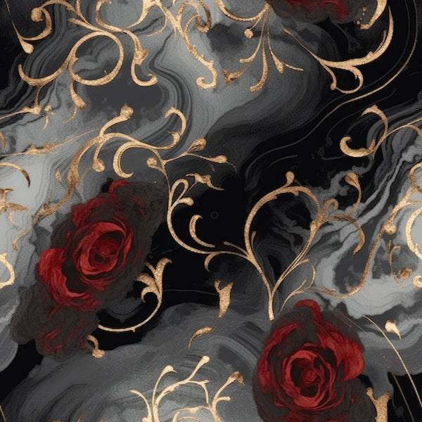 dark gray, charcoal black, deep red, burgundy, gold accents, marbled swirls, gothic roses, ornate scrollwork, decorative flourishes, moody atmosphere, dramatic pattern,, fabric panel, swirling design, elegant curves, romantic gothic, luxurious feel, flowing lines, vintage ornaments