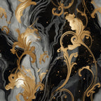 black, gold, gray, white, swirling patterns, marbled texture, ornate scrollwork, baroque flourishes, fluid motion, abstract swirls, metallic accents, dramatic contrast, gothic aesthetic, decorative elements,, fabric panel, dark elegance, flowing curves, artistic design, luxury finish