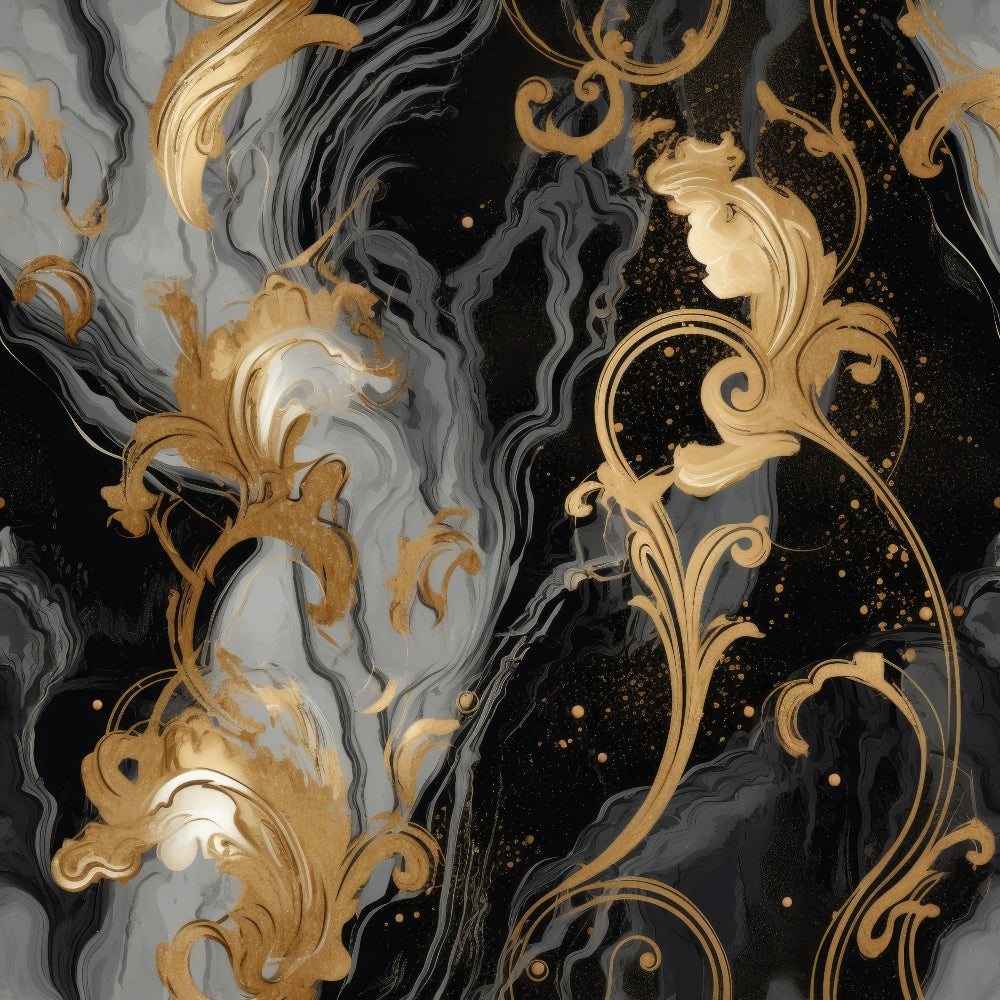 black, gold, gray, white, swirling patterns, marbled texture, ornate scrollwork, baroque flourishes, fluid motion, abstract swirls, metallic accents, dramatic contrast, gothic aesthetic, decorative elements,, fabric panel, dark elegance, flowing curves, artistic design, luxury finish