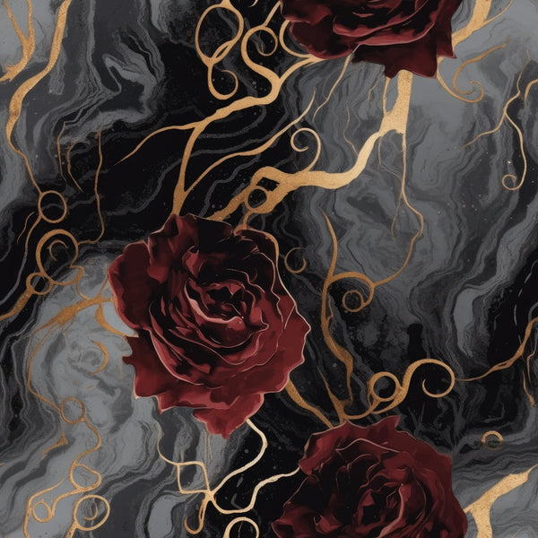 dark gray, charcoal black, burgundy red, gold accents, marbled texture, swirling patterns, gothic roses, dramatic florals, moody atmosphere, abstract swirls,, fabric panel, ornate design, romantic gothic, deep crimson, metallic gold, flowing curves, elegant roses, mysterious mood, luxurious texture