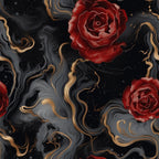 deep red roses, swirling smoke, gold accents, black background, gothic pattern, dramatic swirls, burgundy flowers, charcoal gray, mystical atmosphere, dark romance, flowing wisps,, fabric panel, moody design, crimson blooms, ethereal smoke, ornate flourishes, victorian gothic, luxurious texture