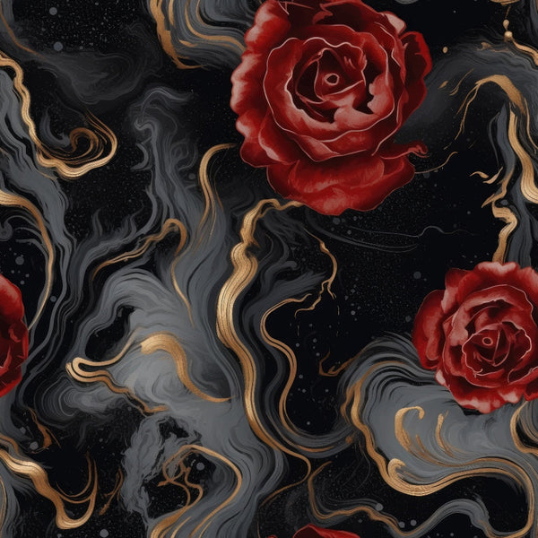 deep red roses, swirling smoke, gold accents, black background, gothic pattern, dramatic swirls, burgundy flowers, charcoal gray, mystical atmosphere, dark romance, flowing wisps,, fabric panel, moody design, crimson blooms, ethereal smoke, ornate flourishes, victorian gothic, luxurious texture