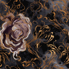 black, charcoal gray, golden bronze, deep purple, white, swirling vortex, spiral pattern, gothic aesthetic, dark mood, mysterious, flowing curves, abstract design, marbled effect, dramatic contrast,, fabric panel, moody atmosphere, circular motifs, ornate swirls, luxurious finish