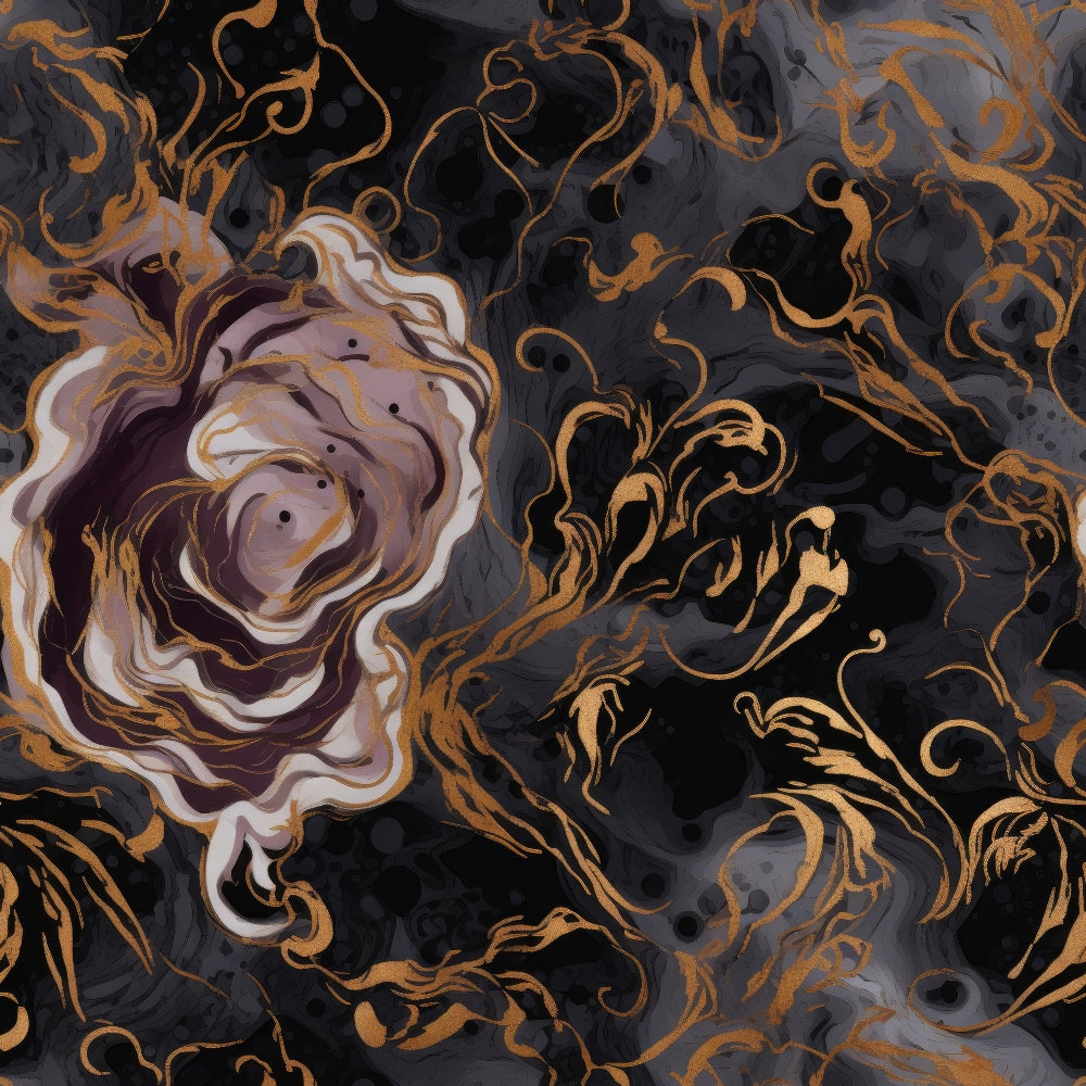 black, charcoal gray, golden bronze, deep purple, white, swirling vortex, spiral pattern, gothic aesthetic, dark mood, mysterious, flowing curves, abstract design, marbled effect, dramatic contrast,, fabric panel, moody atmosphere, circular motifs, ornate swirls, luxurious finish