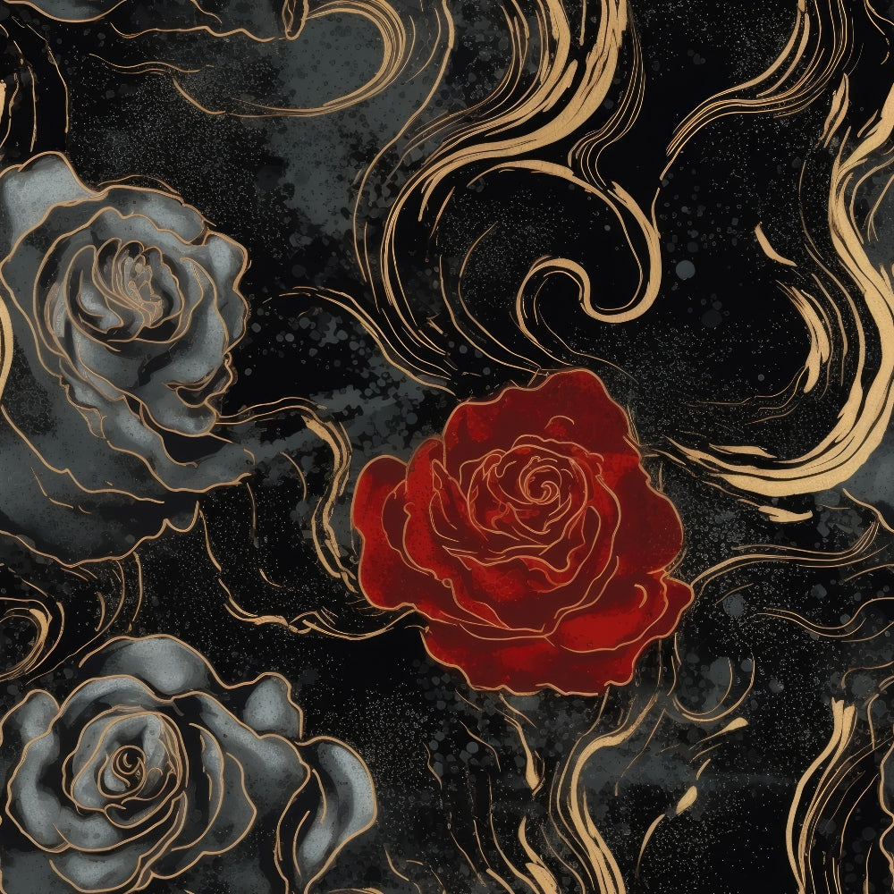 black background, red rose, gray roses, gold outlines, swirling patterns, gothic style, floral design, dark aesthetic, vortex motif,, fabric panel, moody atmosphere, elegant florals, metallic accents, dramatic contrast, ornate swirls, romantic gothic, textured appearance, decorative roses