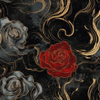 black background, red rose, gray roses, gold outlines, swirling patterns, gothic style, floral design, dark aesthetic, vortex motif,, fabric panel, moody atmosphere, elegant florals, metallic accents, dramatic contrast, ornate swirls, romantic gothic, textured appearance, decorative roses