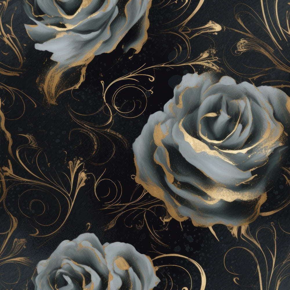 black background, gold accents, gray roses, metallic swirls, gothic pattern, ornate flourishes, decorative scrollwork, dark floral,, fabric panel, elegant roses, vintage style, sophisticated design, dramatic contrast, luxurious appearance, baroque elements, intricate details, moody aesthetic