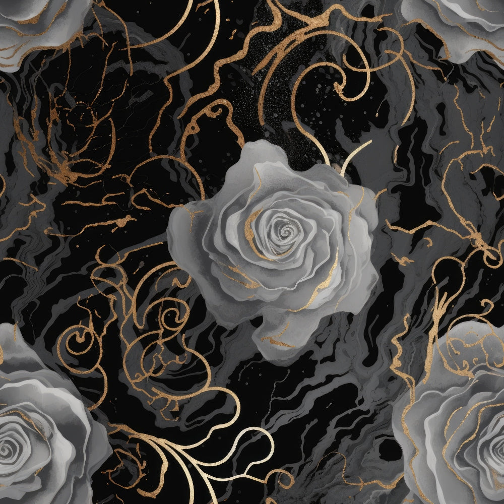 black, gray, gold, gothic, roses, floral, swirls, ornate, decorative scrolls, marble texture, elegant, dark aesthetic,, fabric panel, luxury pattern, metallic accents, dramatic, sophisticated, botanical, vintage style