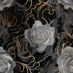 black, gray, gold, gothic, roses, floral, swirls, ornate, decorative scrolls, marble texture, elegant, dark aesthetic,, fabric panel, luxury pattern, metallic accents, dramatic, sophisticated, botanical, vintage style