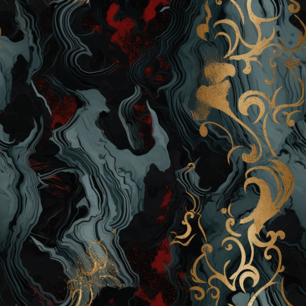 gothic vortex, dark swirls, marbled pattern, deep teal, charcoal black, burgundy red, gold accents, ornate flourishes, dramatic swirls, moody atmosphere,, fabric panel, decorative scrollwork, fluid motion, mystical design, rich colors, abstract marbling, elegant curves, luxurious gold, dark fantasy