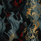 gothic vortex, dark swirls, marbled pattern, deep teal, charcoal black, burgundy red, gold accents, ornate flourishes, dramatic swirls, moody atmosphere,, fabric panel, decorative scrollwork, fluid motion, mystical design, rich colors, abstract marbling, elegant curves, luxurious gold, dark fantasy