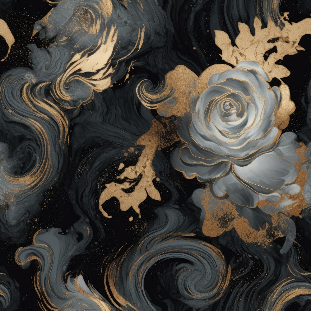 black, charcoal gray, gold, bronze, metallic accents, swirling vortex, spiral patterns, abstract florals, roses, gothic aesthetic, dark romantic, luxurious texture, marbled effect, fluid motion, dramatic swirls, ornate design,, fabric panel, moody atmosphere, elegant darkness