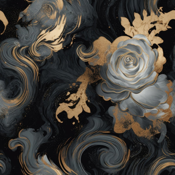 black, charcoal gray, gold, bronze, metallic accents, swirling vortex, spiral patterns, abstract florals, roses, gothic aesthetic, dark romantic, luxurious texture, marbled effect, fluid motion, dramatic swirls, ornate design,, fabric panel, moody atmosphere, elegant darkness