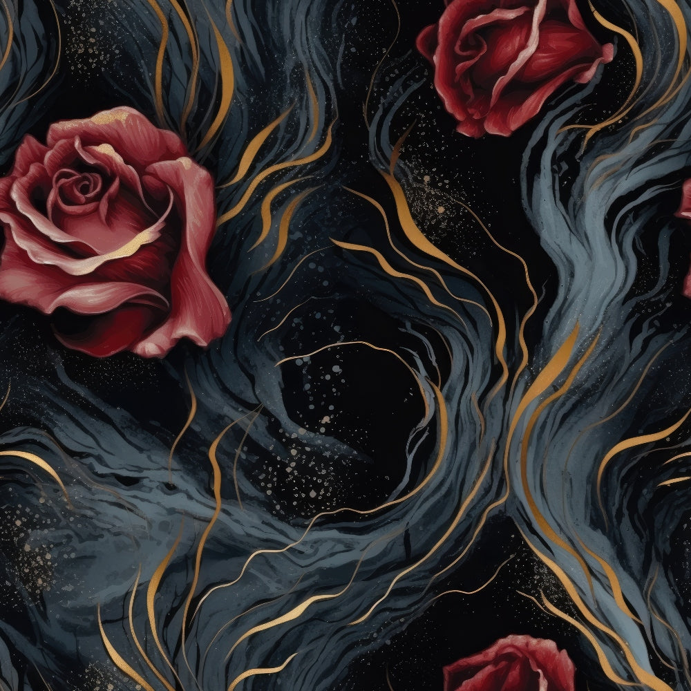 gothic, dark aesthetic, swirling vortex, marbled texture, deep navy, charcoal black, golden accents, burgundy roses, red roses, flowing patterns, liquid marble,, fabric panel, moody atmosphere, dramatic swirls, floral elements, abstract design, luxurious feel, gothic romance