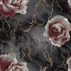 gothic roses, dark floral, burgundy roses, charcoal gray, gold swirls, black marble, deep red, ornate flourishes, dramatic roses, moody floral,, fabric panel, swirling patterns, metallic accents, gothic aesthetic, dark romantic, marble texture, elegant roses, decorative swirls