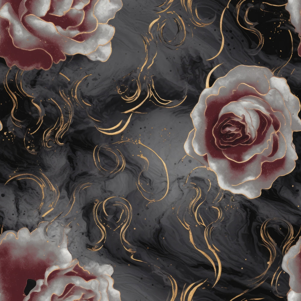 gothic roses, dark floral, burgundy roses, charcoal gray, gold swirls, black marble, deep red, ornate flourishes, dramatic roses, moody floral,, fabric panel, swirling patterns, metallic accents, gothic aesthetic, dark romantic, marble texture, elegant roses, decorative swirls