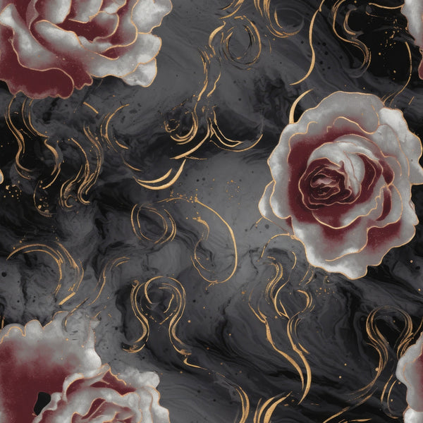 gothic roses, dark floral, burgundy roses, charcoal gray, gold swirls, black marble, deep red, ornate flourishes, dramatic roses, moody floral,, fabric panel, swirling patterns, metallic accents, gothic aesthetic, dark romantic, marble texture, elegant roses, decorative swirls