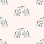 navy blue, peach, sage green, cream, rainbow arches, boho pattern, geometric design, concentric circles, radiating lines, dotted details, groovy style, retro vibes,, fabric panel, modern bohemian, artistic motif, contemporary design, crafting material