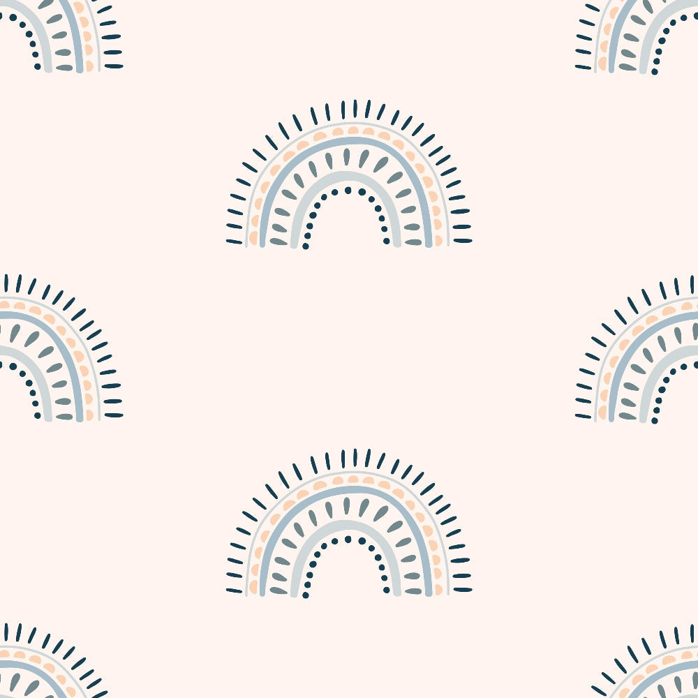 navy blue, peach, sage green, cream, rainbow arches, boho pattern, geometric design, concentric circles, radiating lines, dotted details, groovy style, retro vibes,, fabric panel, modern bohemian, artistic motif, contemporary design, crafting material