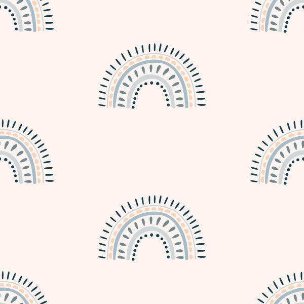 navy blue, peach, sage green, cream, rainbow arches, boho pattern, geometric design, concentric circles, radiating lines, dotted details, groovy style, retro vibes,, fabric panel, modern bohemian, artistic motif, contemporary design, crafting material