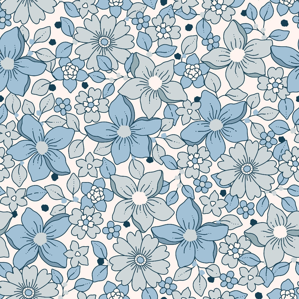 dusty blue, soft pink, cream, floral pattern, boho flowers, five-petal blooms, small blossoms, leaves, botanical design, retro style, groovy aesthetic, seamless repeat,, fabric panel, vintage inspired, whimsical flowers, delicate petals, nature motifs, crafting material, bohemian style