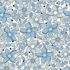 dusty blue, soft pink, cream, floral pattern, boho flowers, five-petal blooms, small blossoms, leaves, botanical design, retro style, groovy aesthetic, seamless repeat,, fabric panel, vintage inspired, whimsical flowers, delicate petals, nature motifs, crafting material, bohemian style